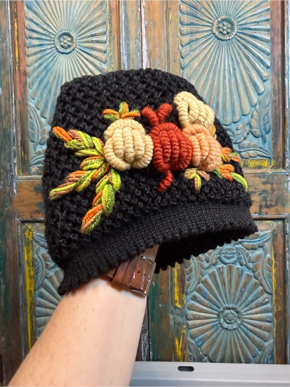 Embroidered flower beanie hat
